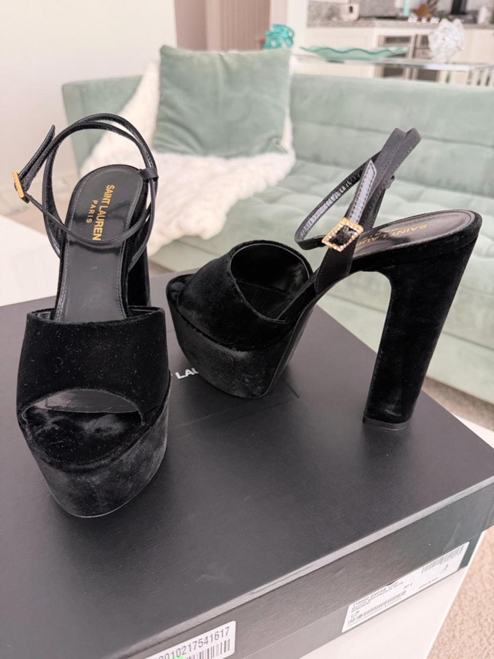 Saint Laurent Black Velvet Platform Heels with Ankle Strap